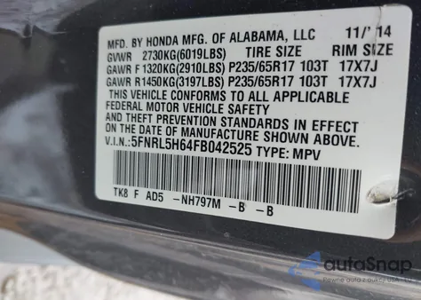 2015 Honda Odyssey Ex-L z USA, uszkodzony, nr VIN 5FNRL5H64FB042525